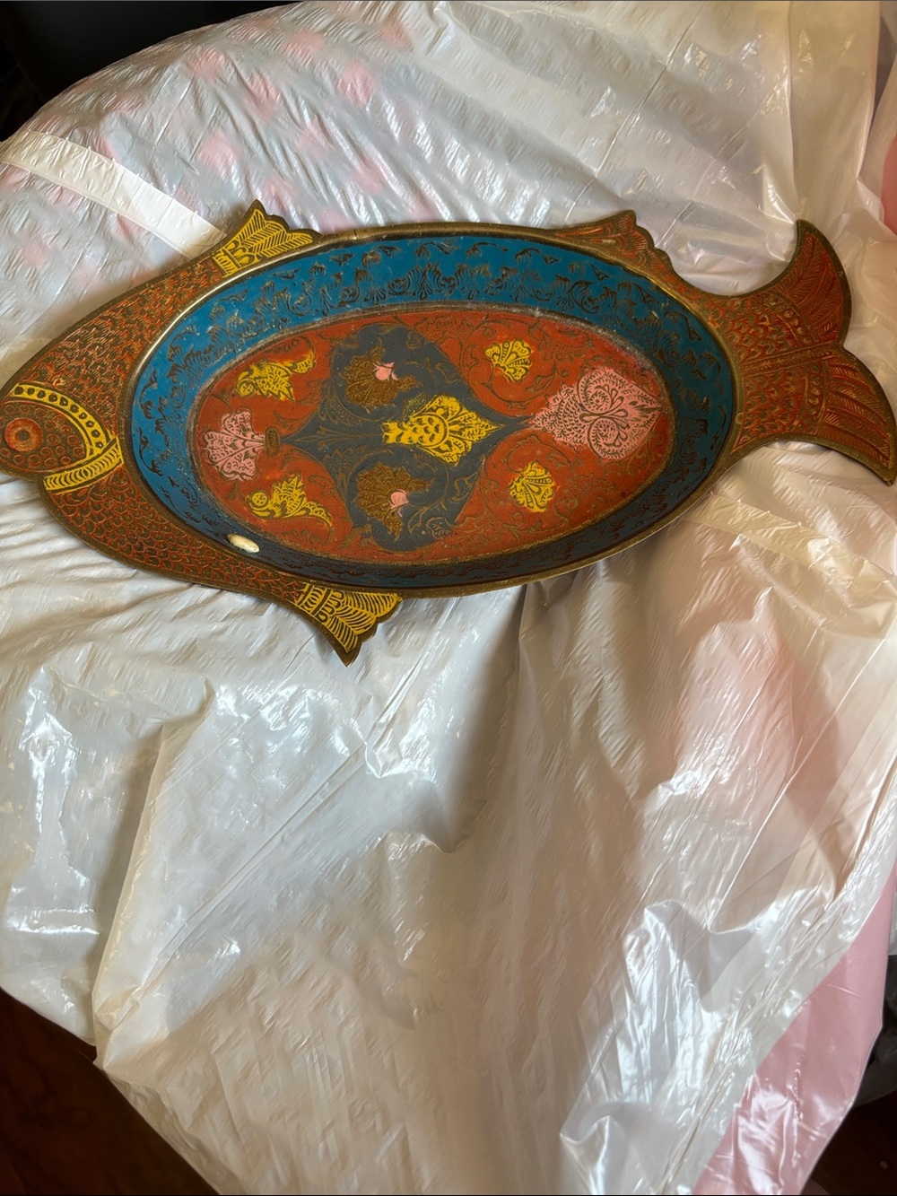 Decorative Fish-Shaped heavy brass trinket Tray - Red & Teal